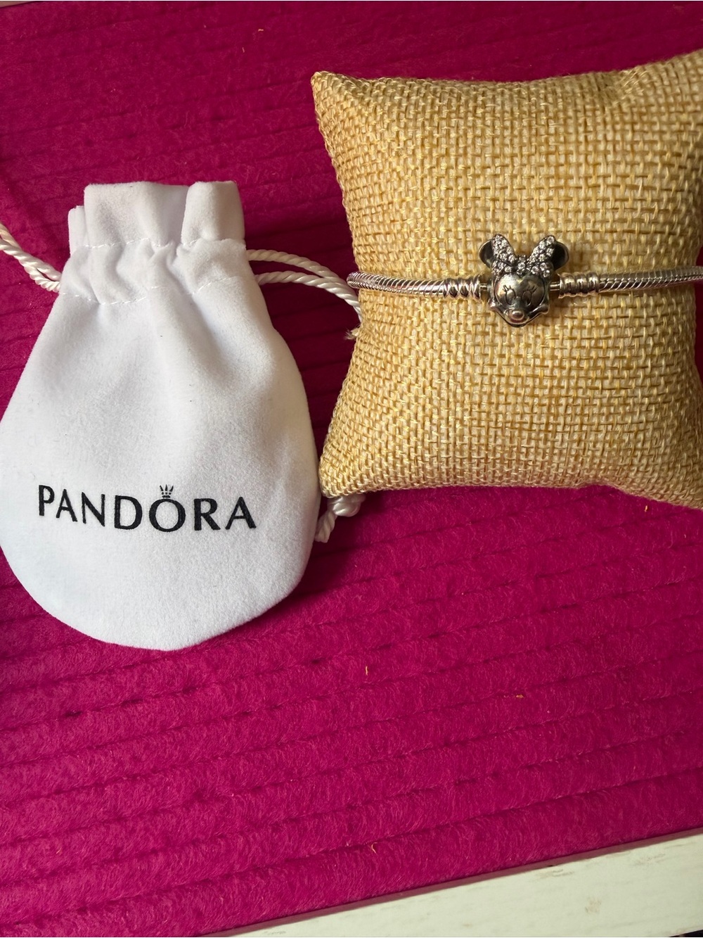 Pandora Silver Minnie Mouse Charm Bracelet with White Pouch